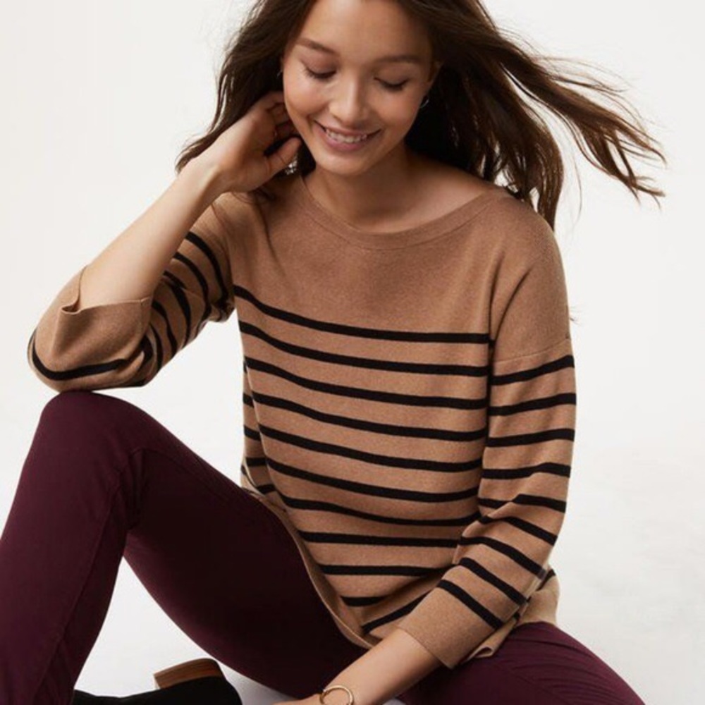 Loft Striped Tan Sweater Asymmetrical Split Back